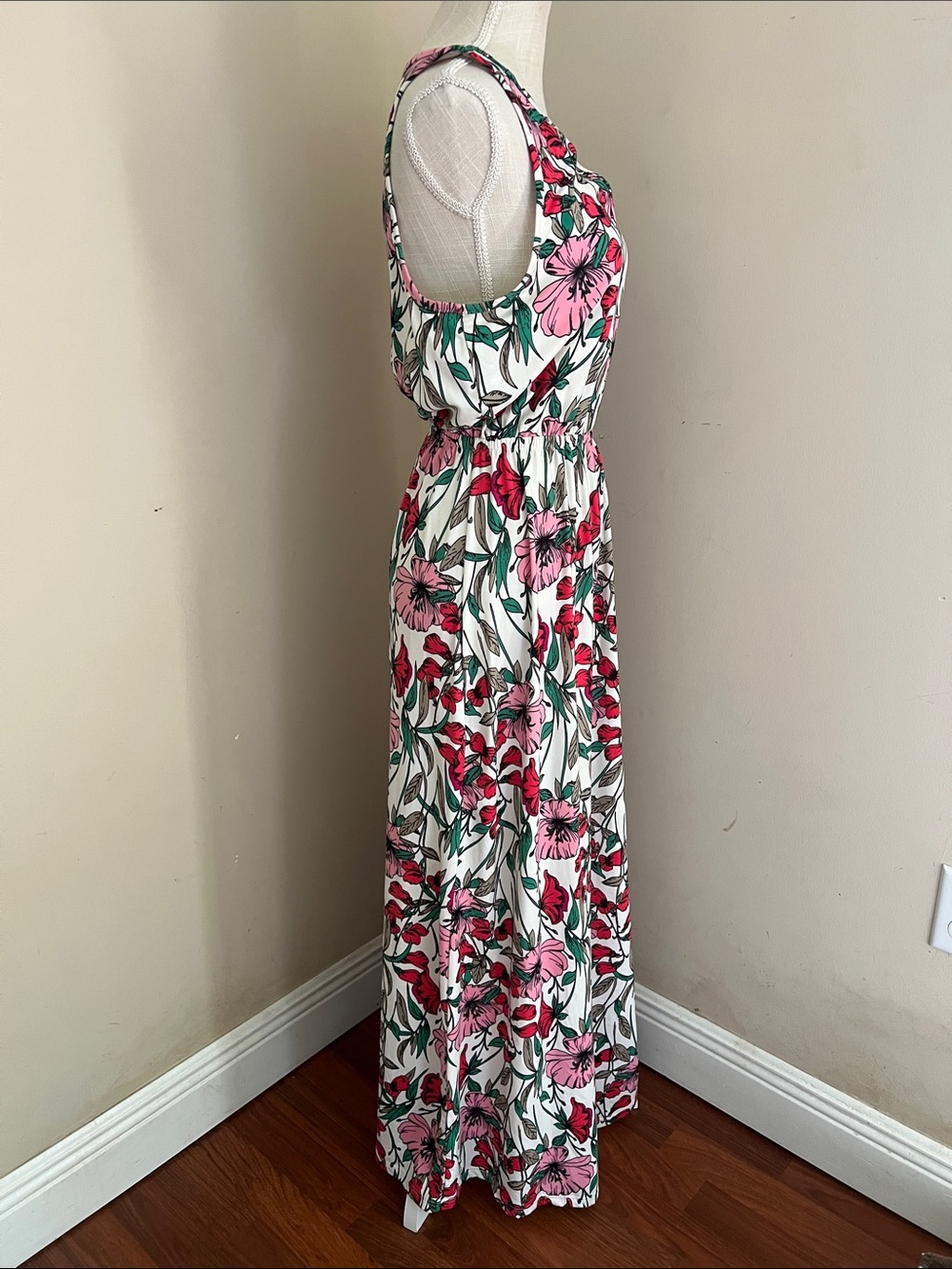 French Grey White Maxi Dress with Pink & Red Floral Print - Picture 4 of 9